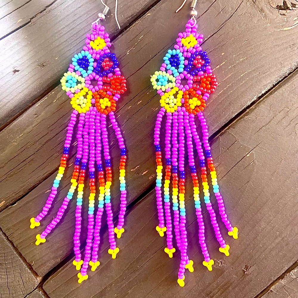 Roma Huichol Earrings Flower Handmade Mexican Purple